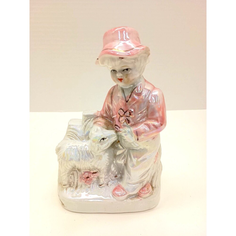 Vintage Porcelain Girl With Lamb Figurine Pink White Shepherdess Cottage Decor
